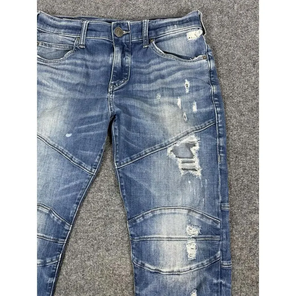 Mens TRUE RELIGION Geno Relaxed BIKER Slim MOTO 30‎ x 31.5 Blue DISTRESSED Jeans